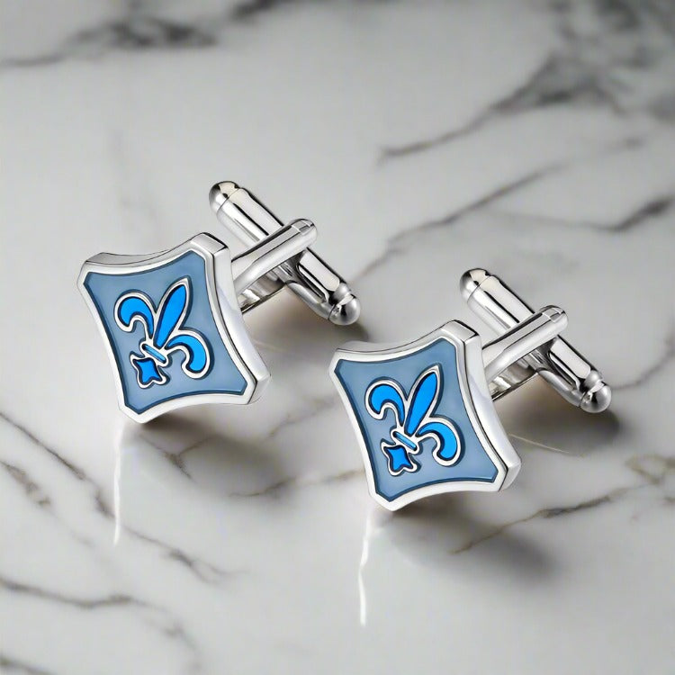 Chrome with Blue Fleur De Lis Cufflinks