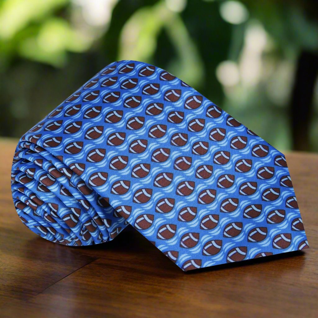 Blue, Brown Footballs Tie