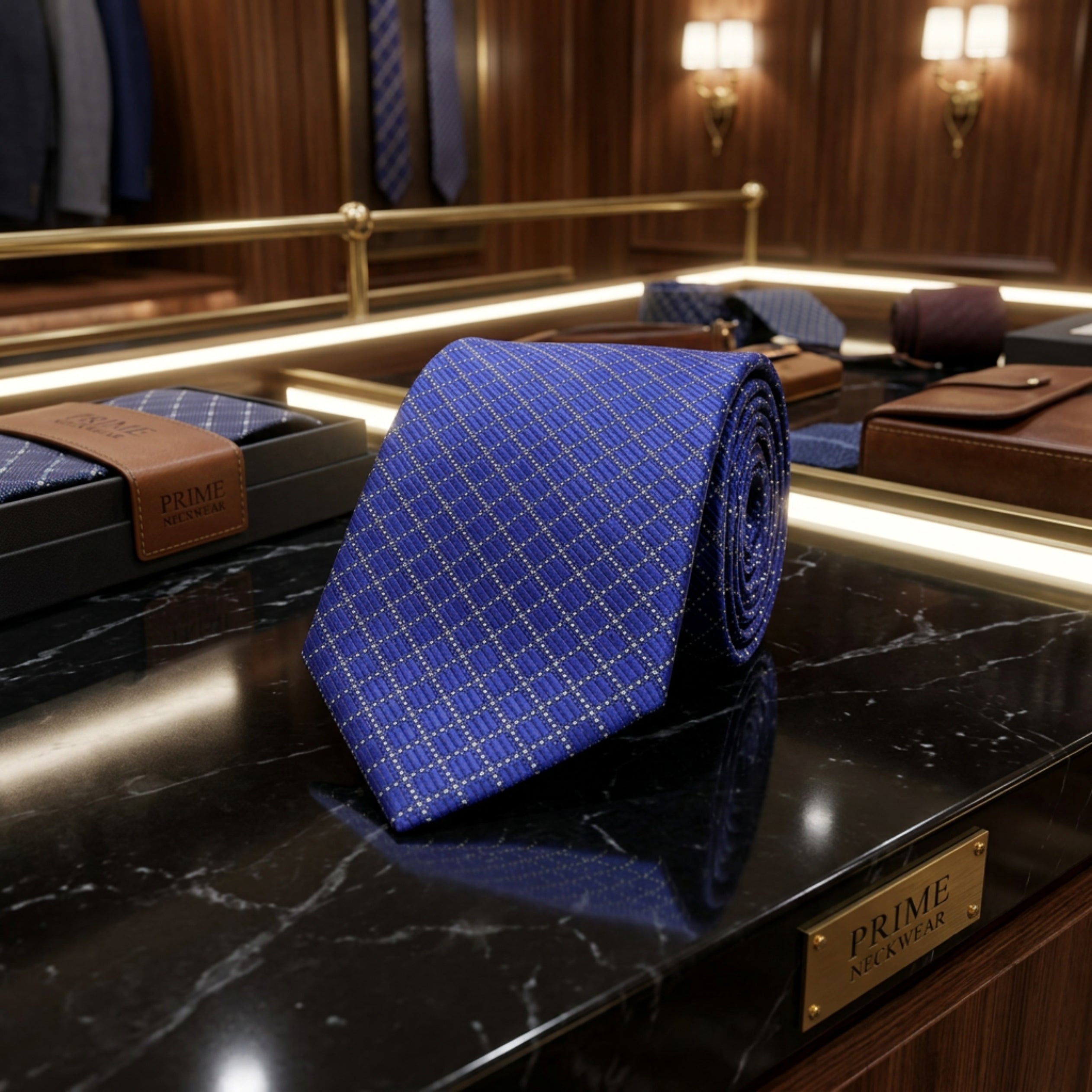 Royal Blue Grid Necktie for Weddings, Office & Formal Events