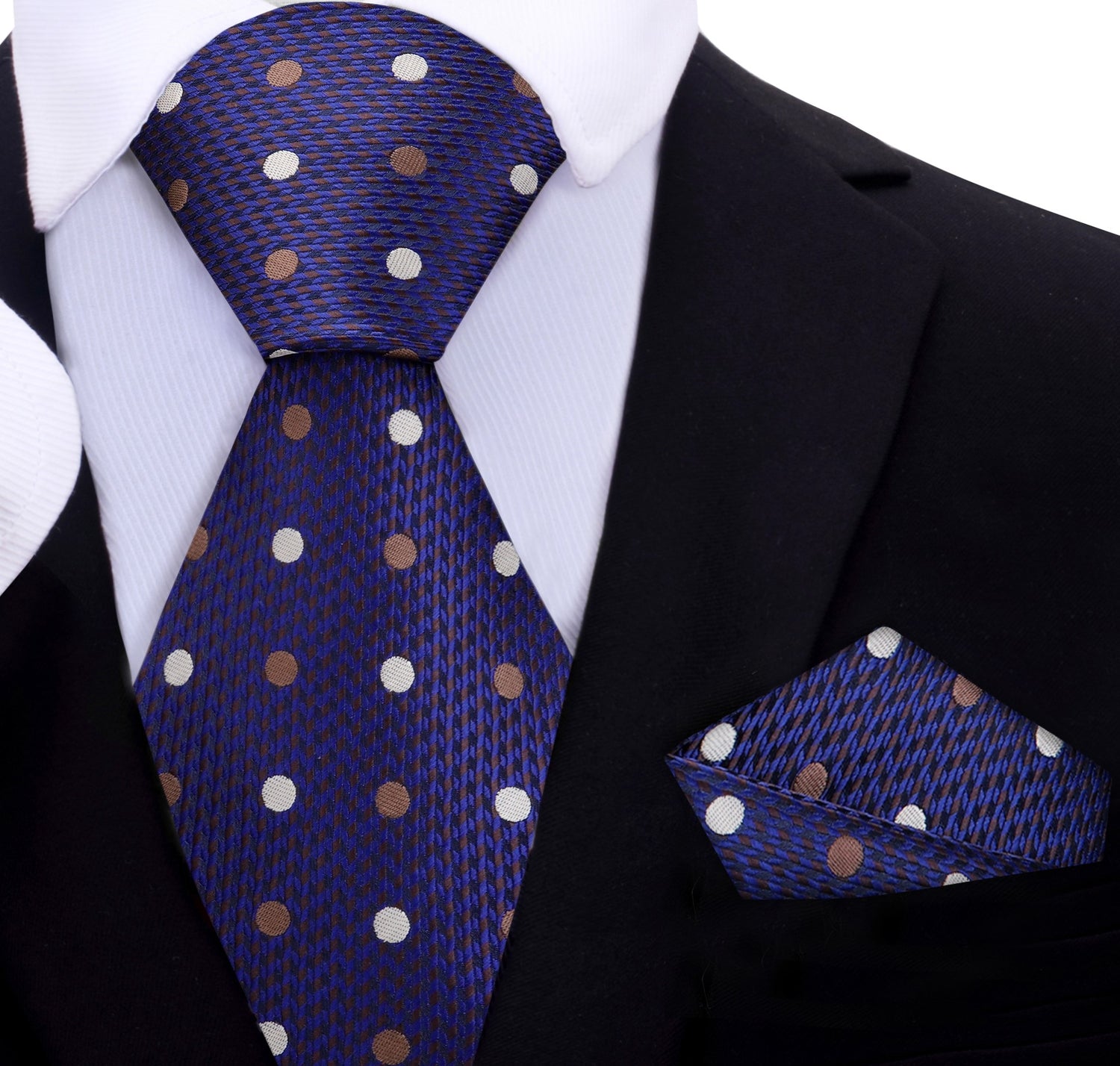 Dark Blue, Gold and Brown Polka Tie and Square