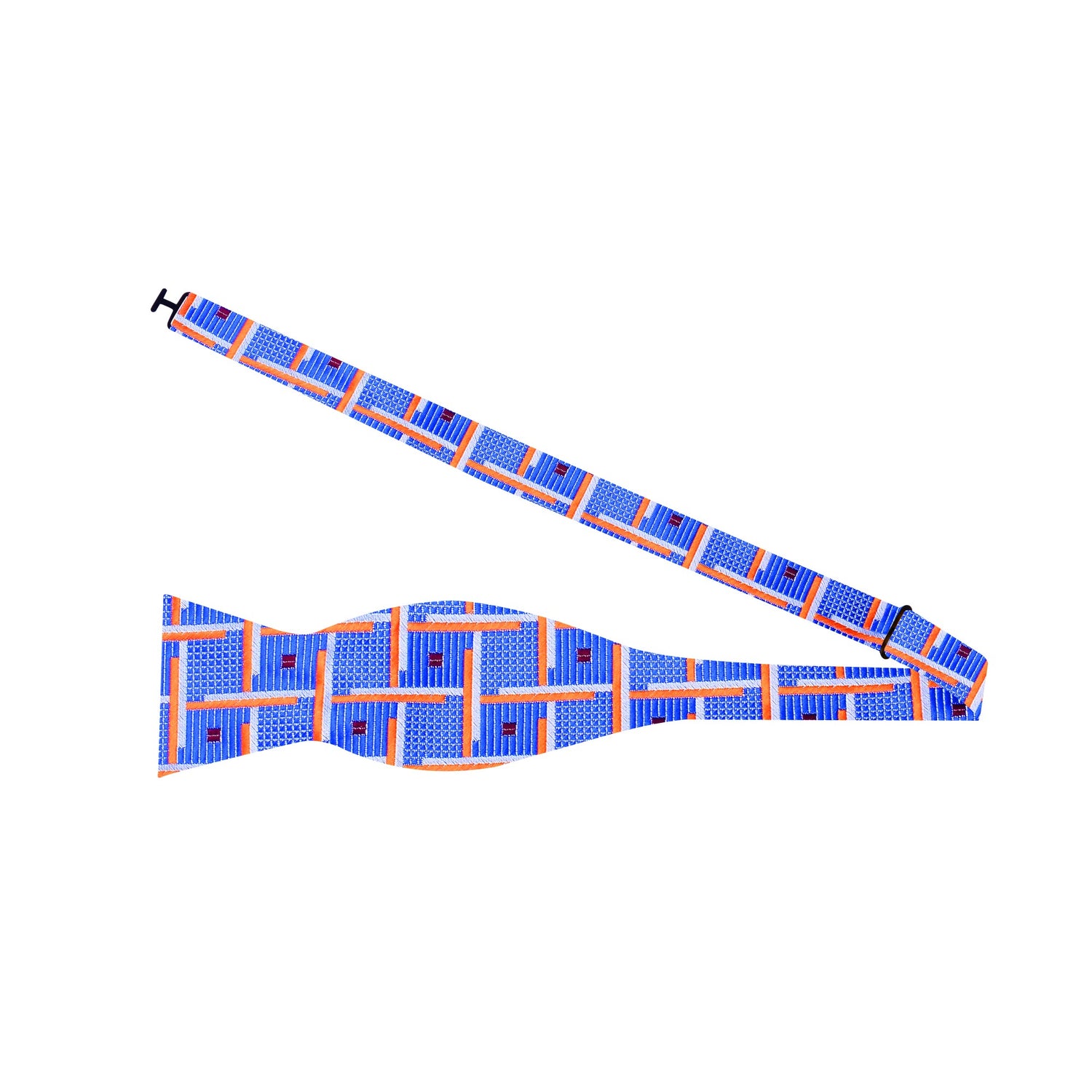 Untied View: A Blue, Orange, White Geometric Squares Pattern Silk Self Tie Bow Tie