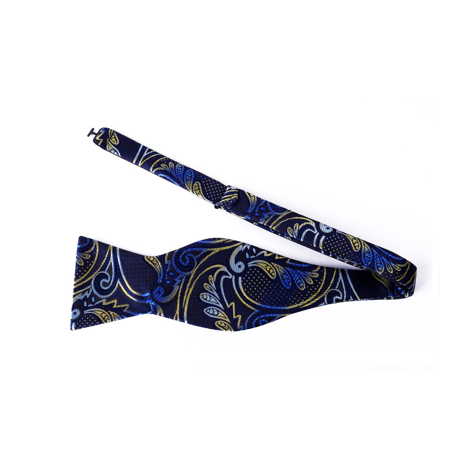 A Blue, Gold Paisley Pattern Silk Self Tie Bow Tie Untied