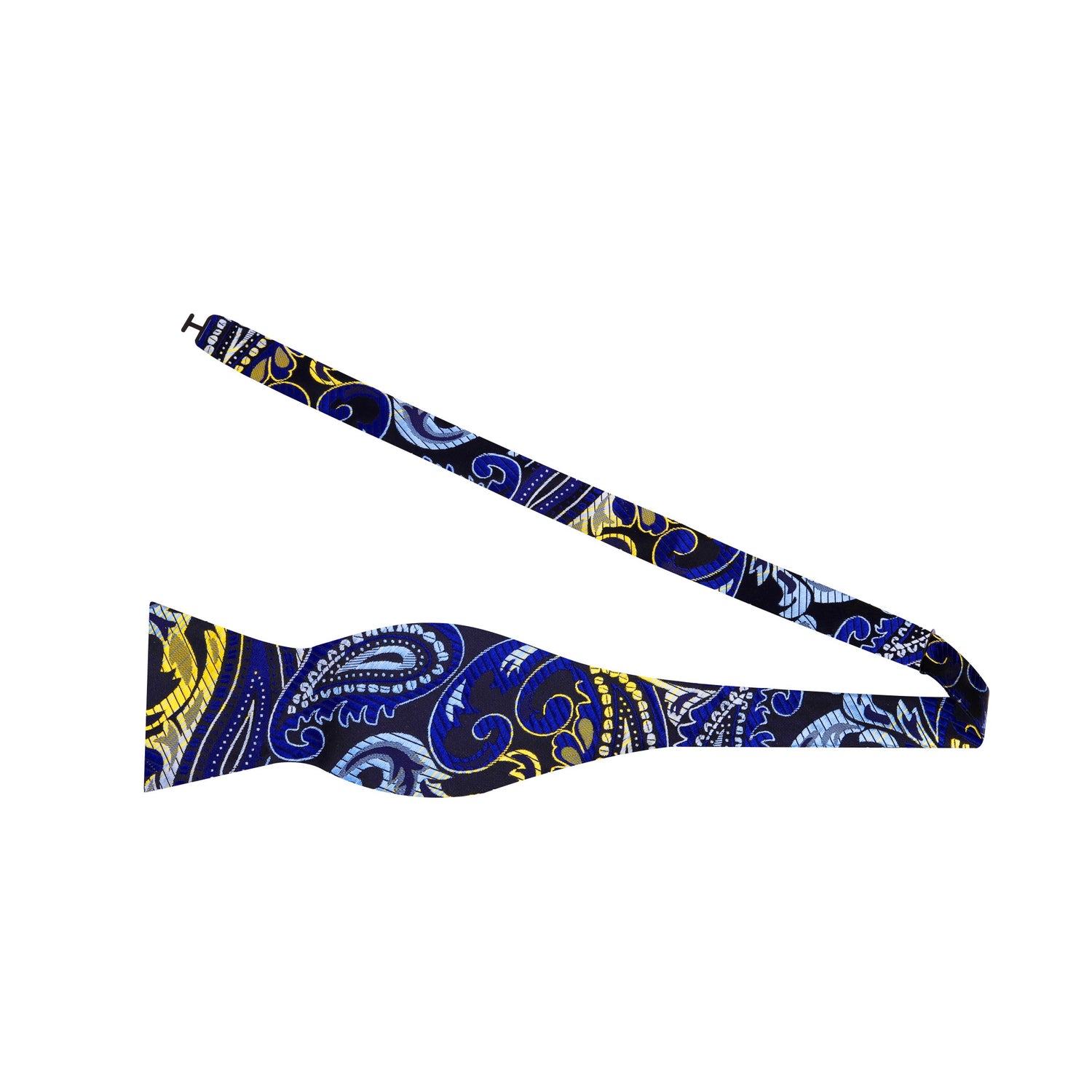 View 2: A Blue, Light Blue, Yellow Paisley Pattern Silk Self Tie Bow Tie