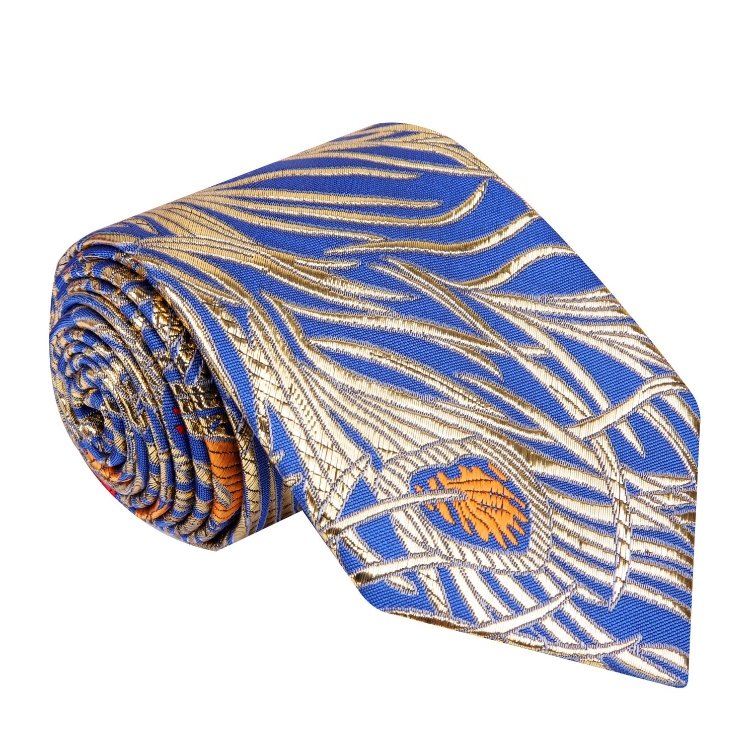 A Bright Blue With Metallic Gold, Blue, Red And Orange Color Abstract Peacock Pattern Silk Necktie 