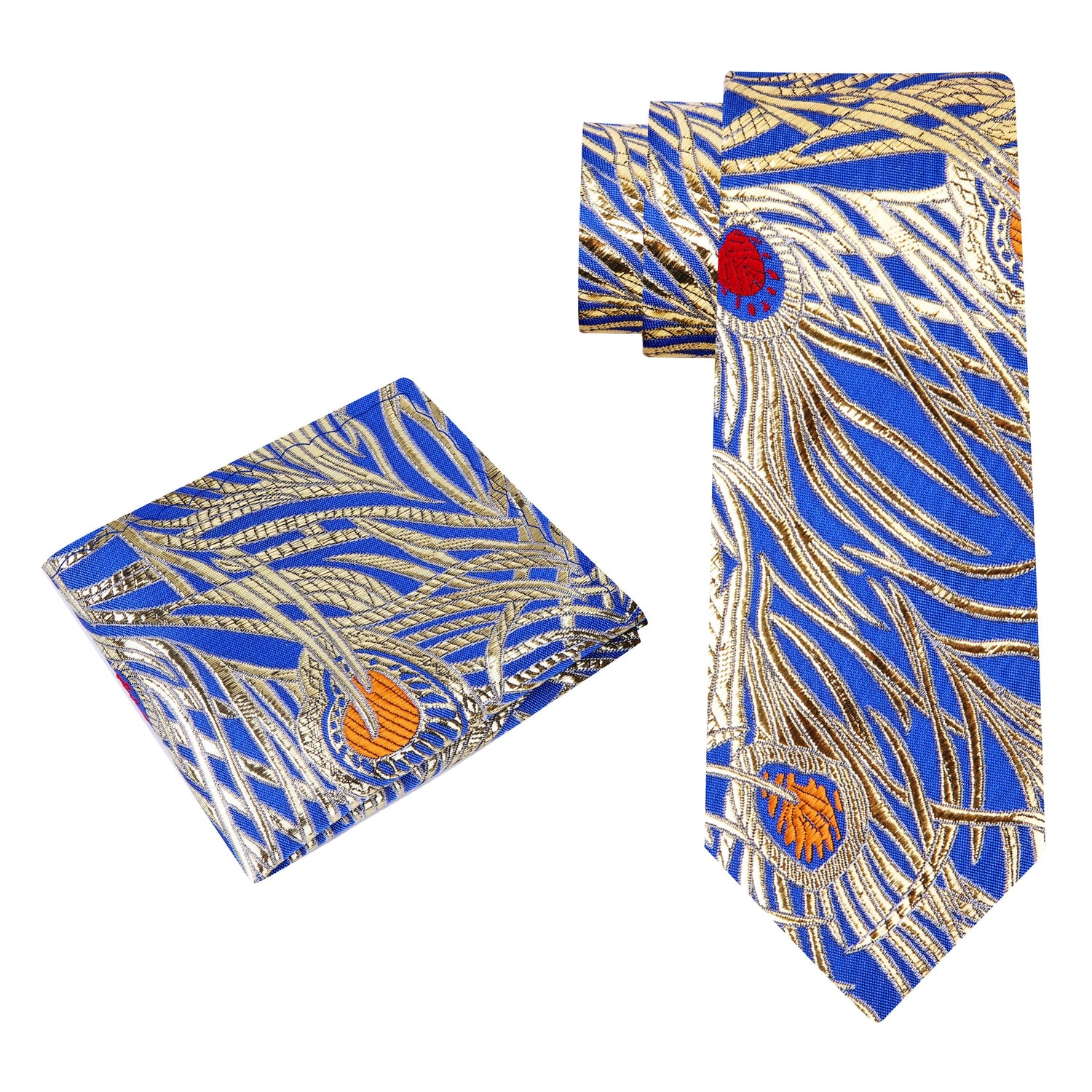 Alt View: A Bright Blue With Metallic Gold, Blue, Red And Orange Color Abstract Peacock Pattern Silk Necktie, Matching Silk Pocket Square