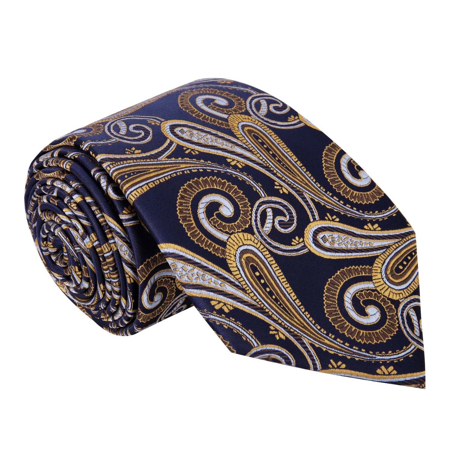 A Light Gold, Dark Blue Paisley Pattern Silk Necktie 