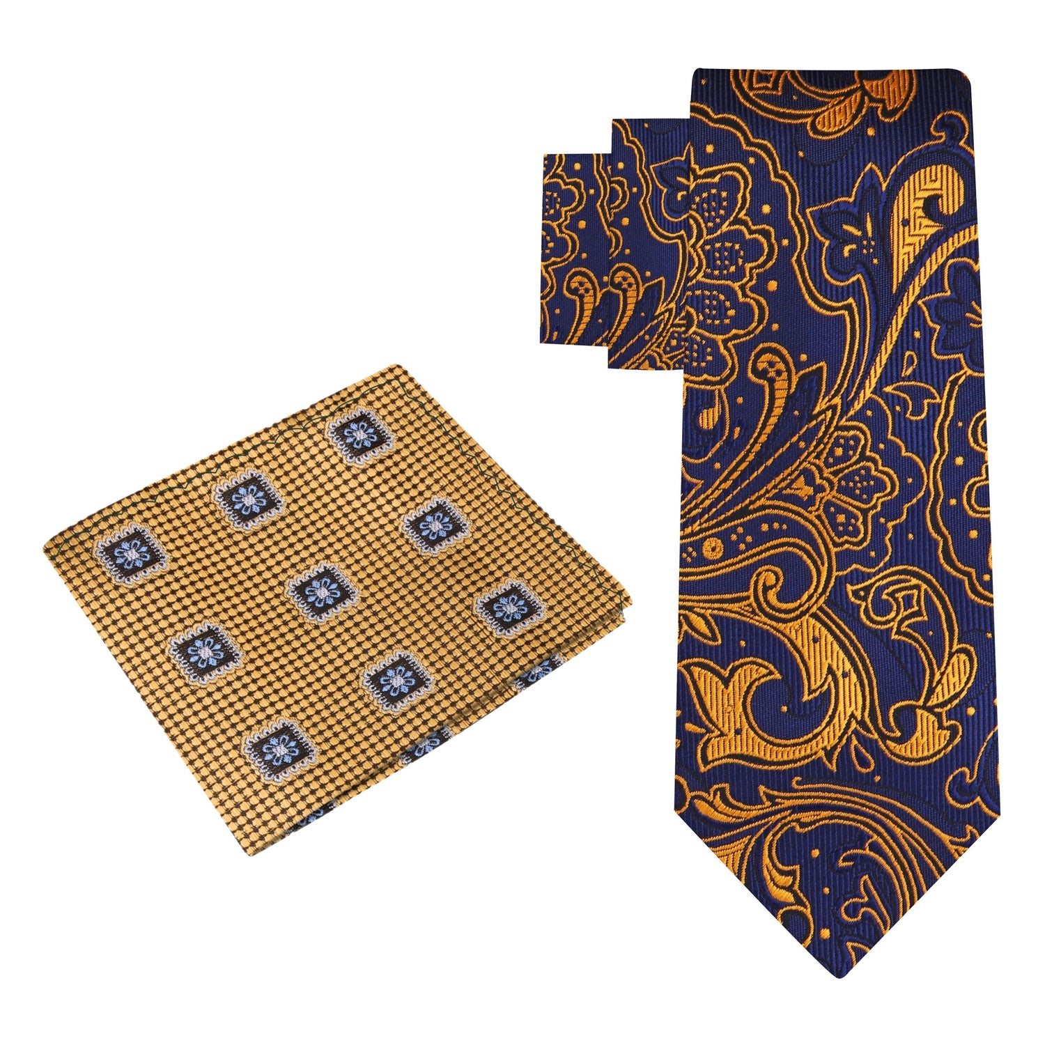 Alt View: A Dark Blue, Gold Abstract Paisley Pattern Silk Necktie, Accenting Pocket Square