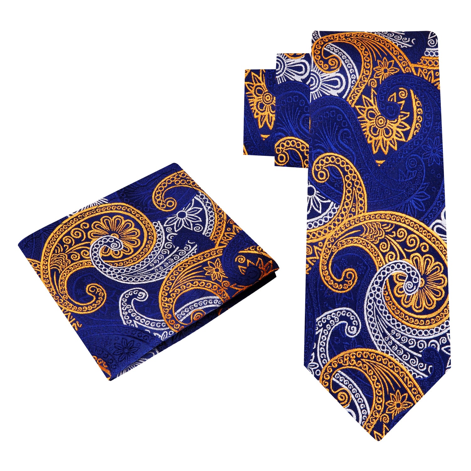 Alt View: A Dark Blue, Yellow, White Paisley Pattern Necktie With Matching Pocket Square
