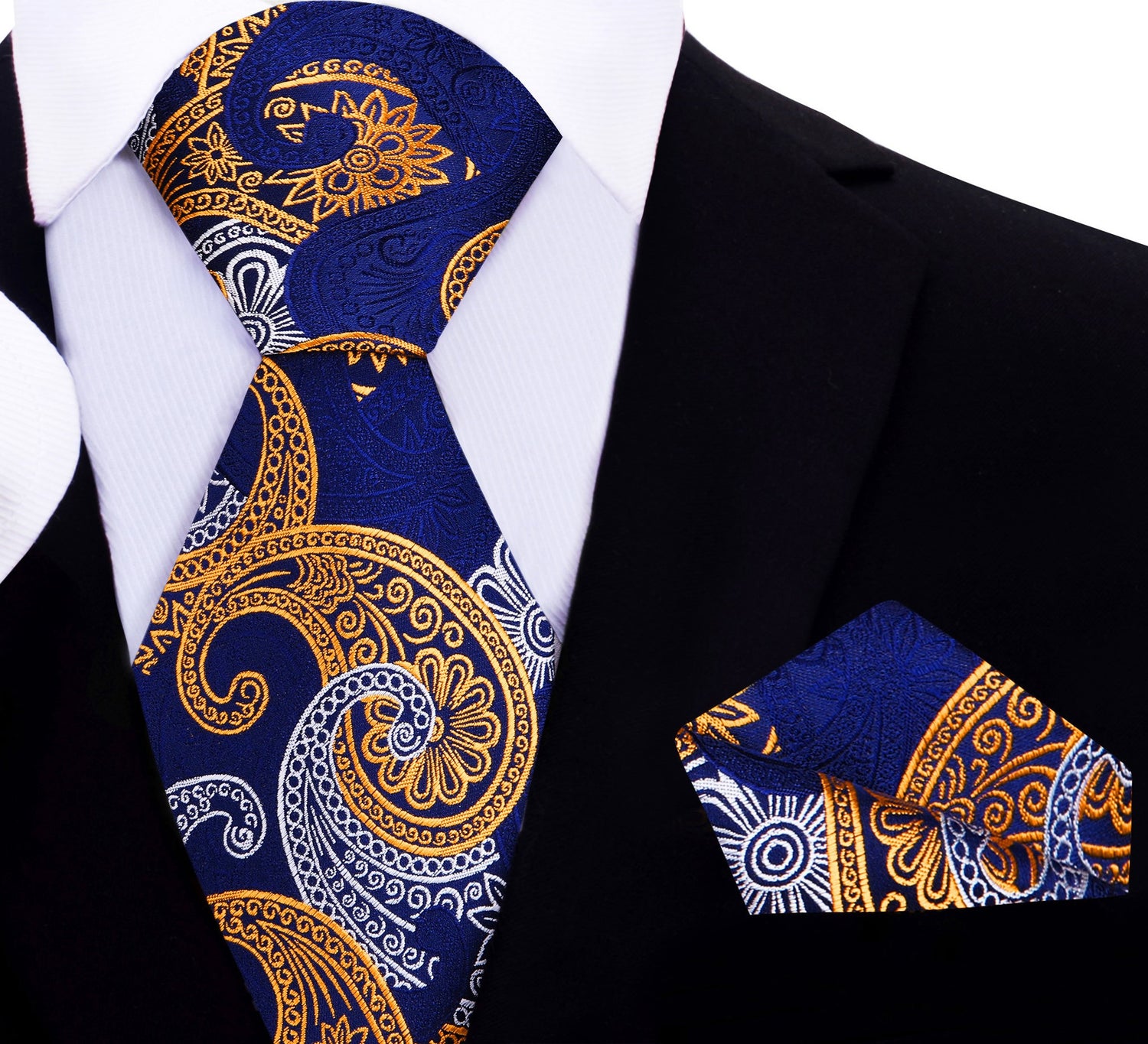 A Dark Blue, Yellow, White Paisley Pattern Necktie With Matching Pocket Square
