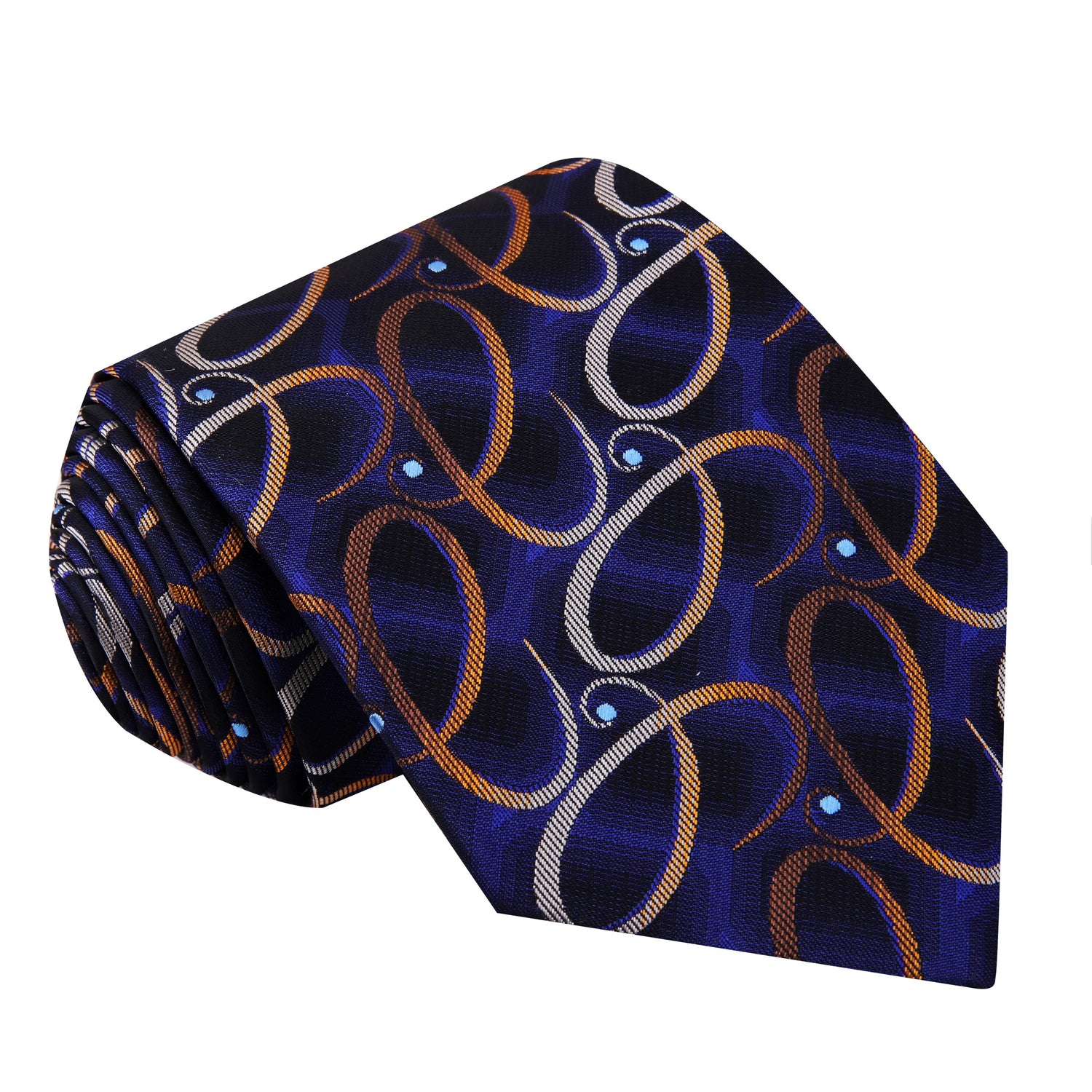 A Dark Blue, Gold, Looped Paisley Pattern Silk Necktie 