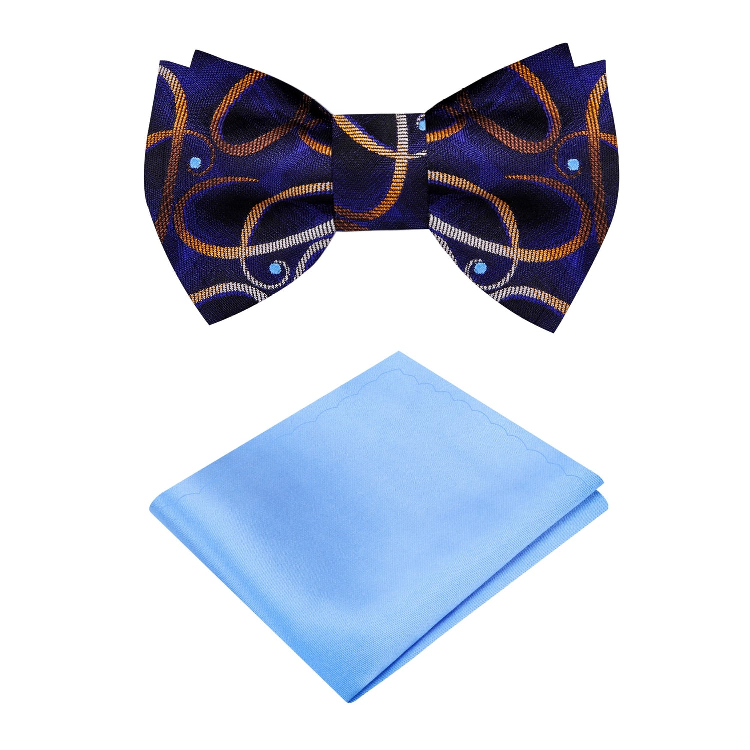 Blue with Golden Brown Paisleys Bow Tie and Light Blue Pocket Square