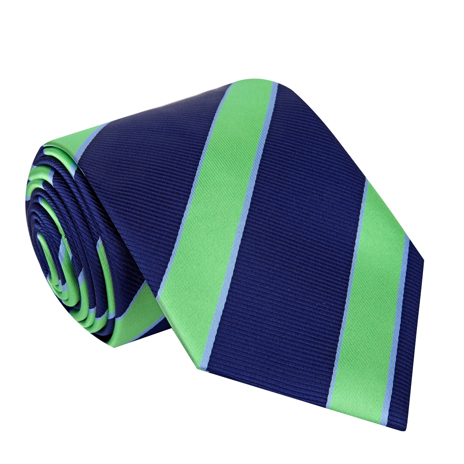 A Dark Blue, Bright Green Stripe Pattern Silk Necktie 