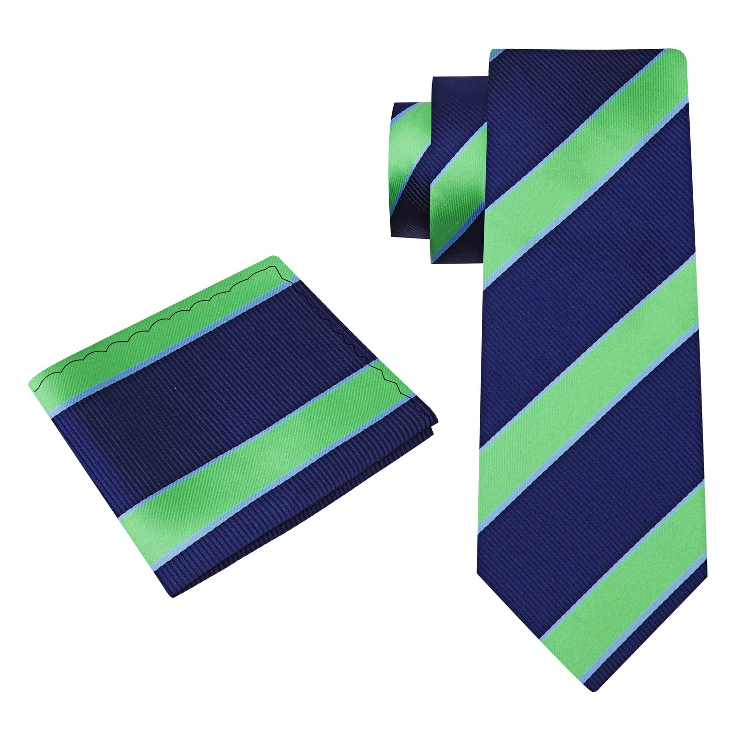 Main View: A Dark Blue, Bright Green Stripe Pattern Silk Necktie, With Matching Pocket Square