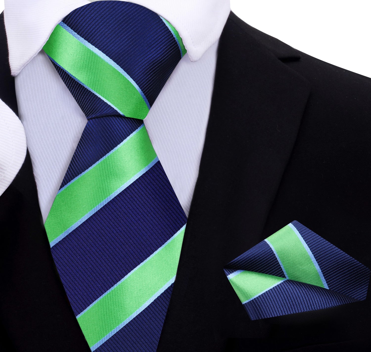 A Dark Blue, Bright Green Stripe Pattern Silk Necktie, With Matching Pocket Square