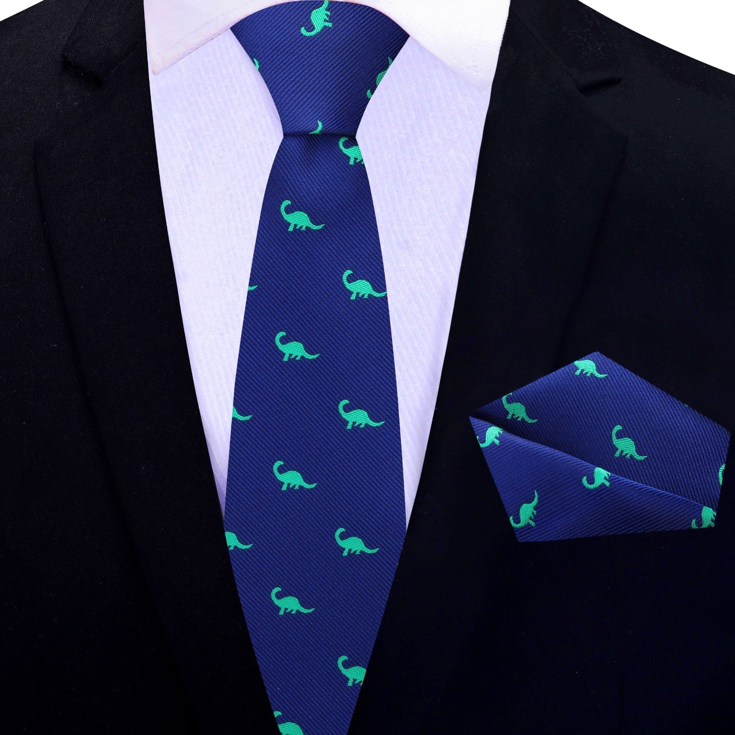 Blue and Green Silk Brontosaurus Thin Tie and Pocket Square