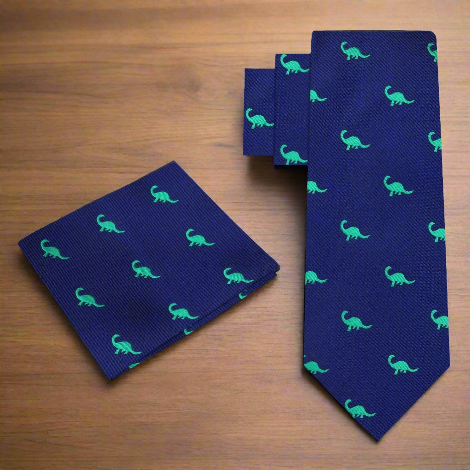 Blue, Green Brontosaurus Tie and Pocket Square