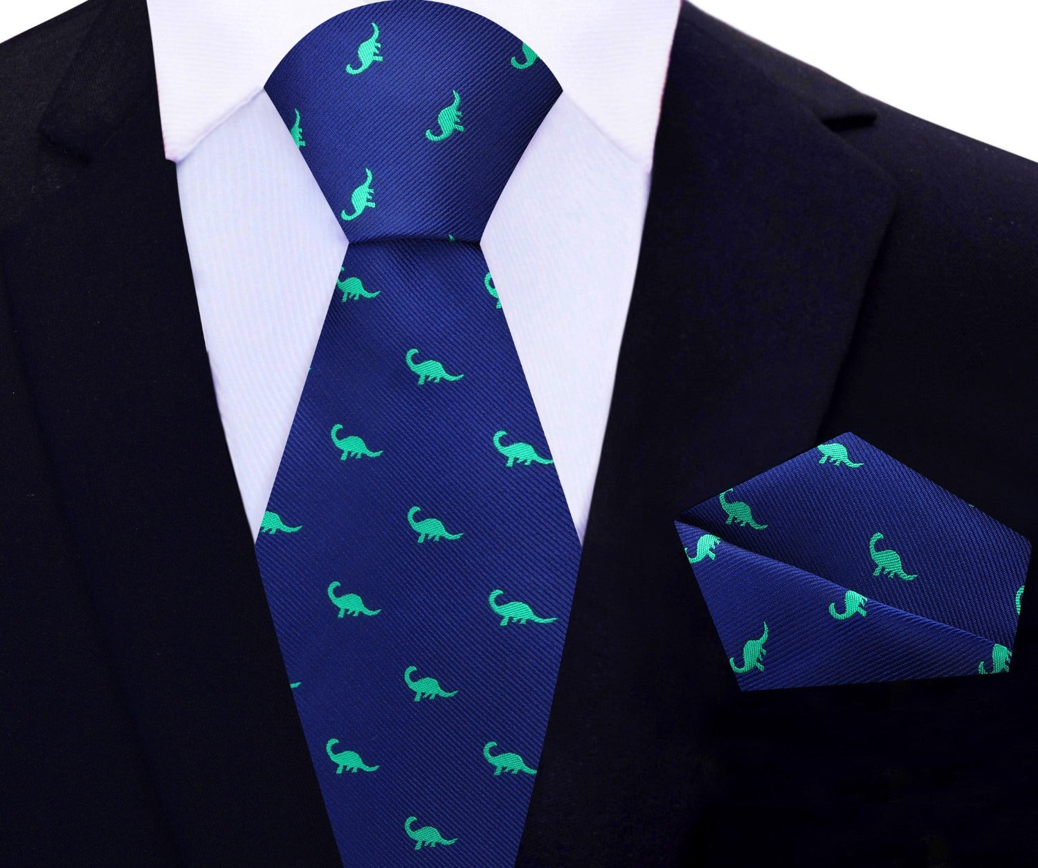 View 3: Blue and Green Silk Brontosaurus Tie and Pocket Square