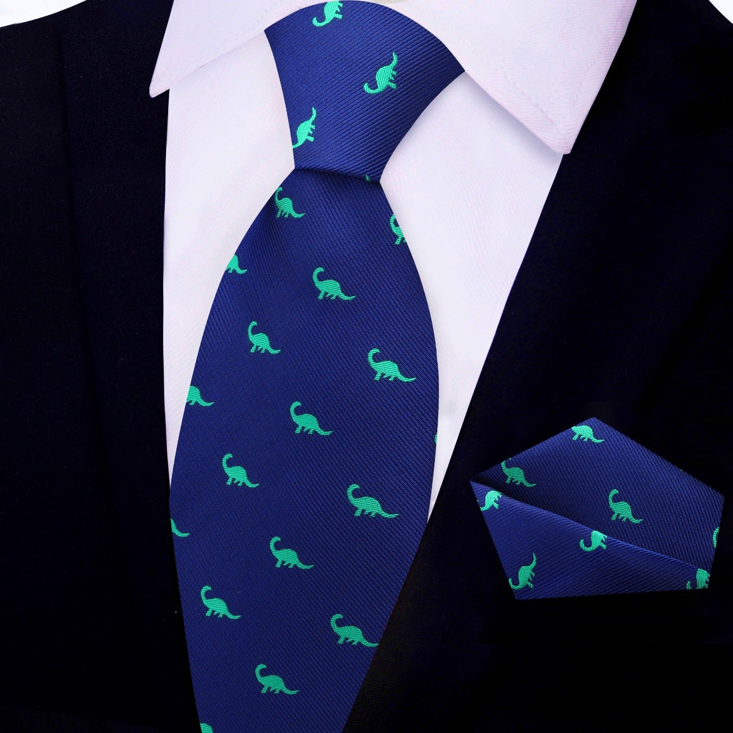 Blue and Green Silk Brontosaurus Tie and Pocket Square