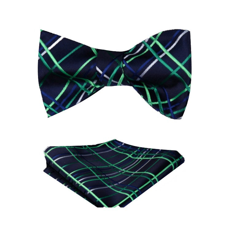 A Dark Blue, Green Plaid Pattern Silk Self Tie Bow Tie, With Matching Pocket Square