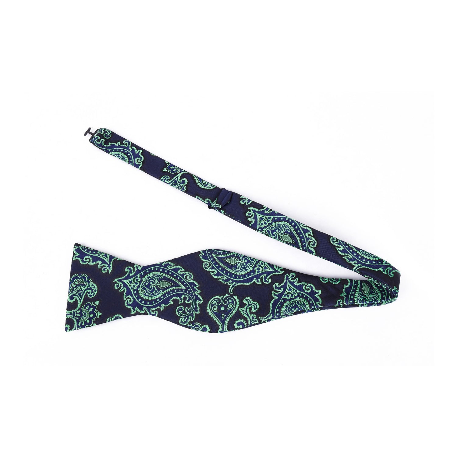 A Dark Blue, Green Detailed Paisley Pattern Silk Self Tie Bow Tie  Untied