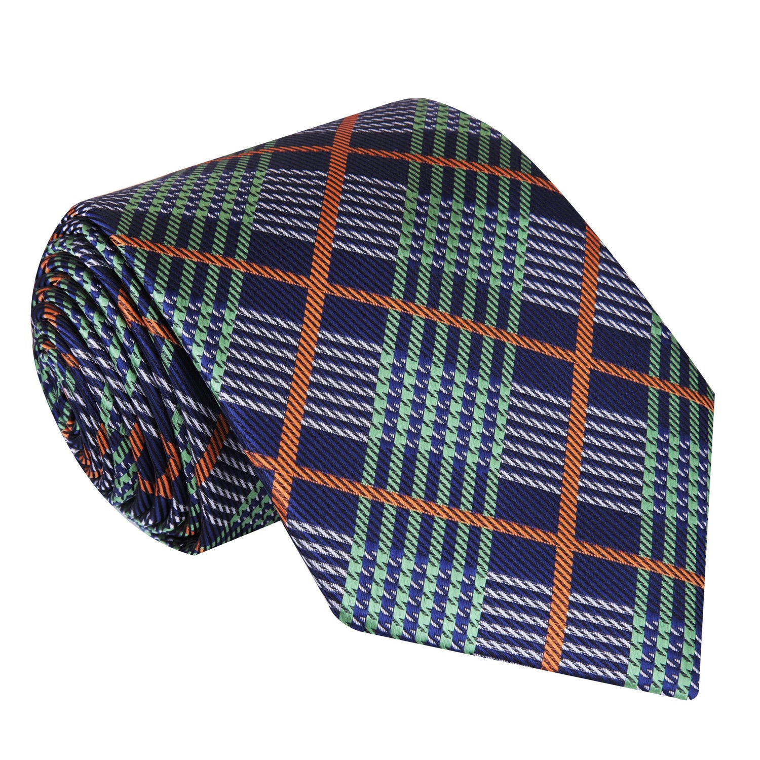 A Green, Blue, Orange Plaid Pattern Silk Necktie 