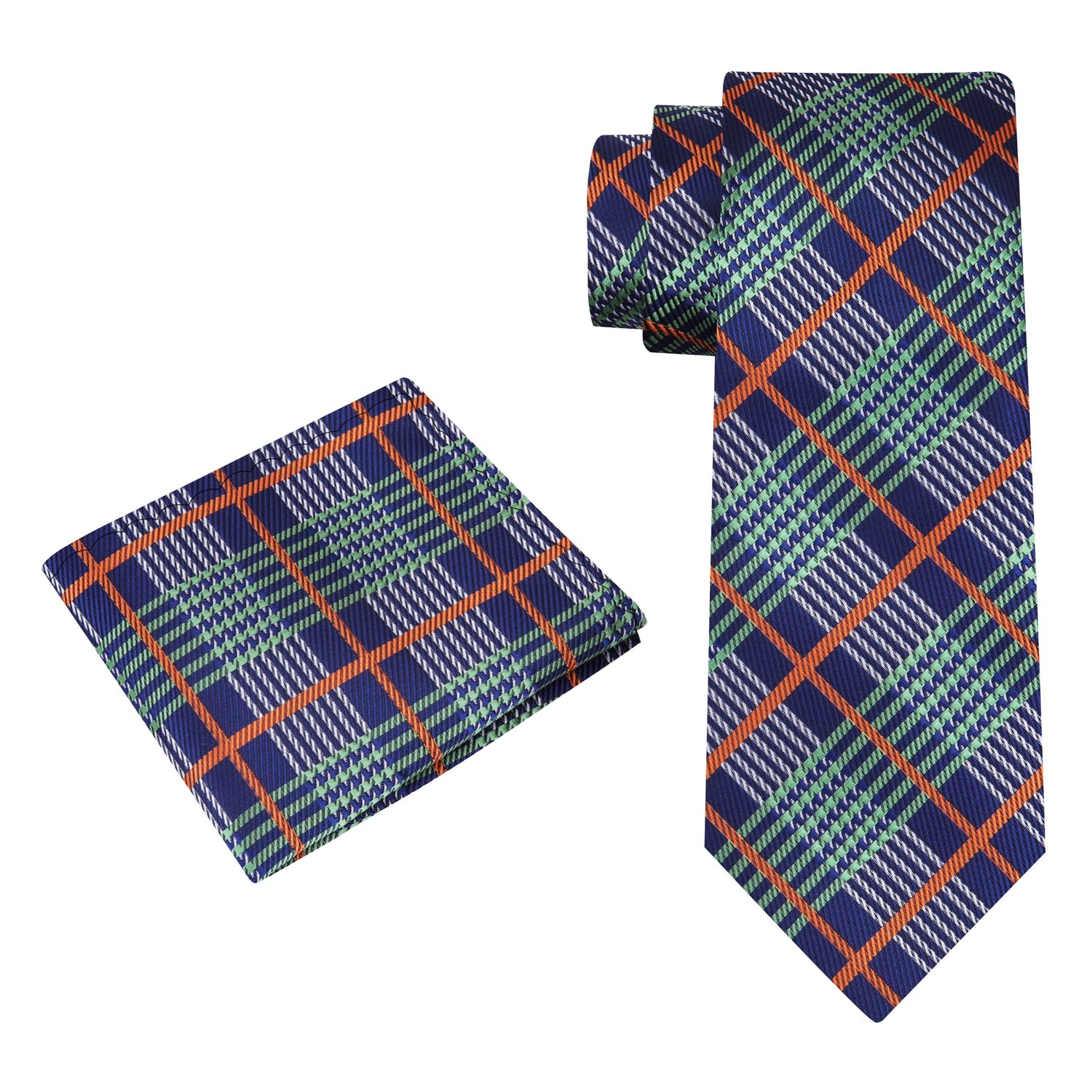 Alt View: A Green, Blue, Orange Plaid Pattern Silk Necktie, Matching Pocket Square
