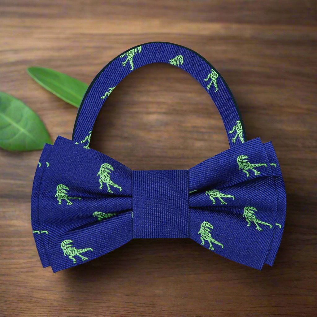 Pre Tied: Blue, Green Silk Bow Tie with T Rex