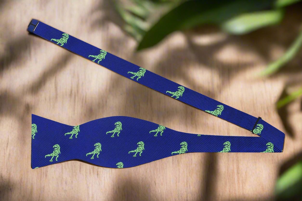 Self Tie: Blue and Green T Rex Silk Bow Tie