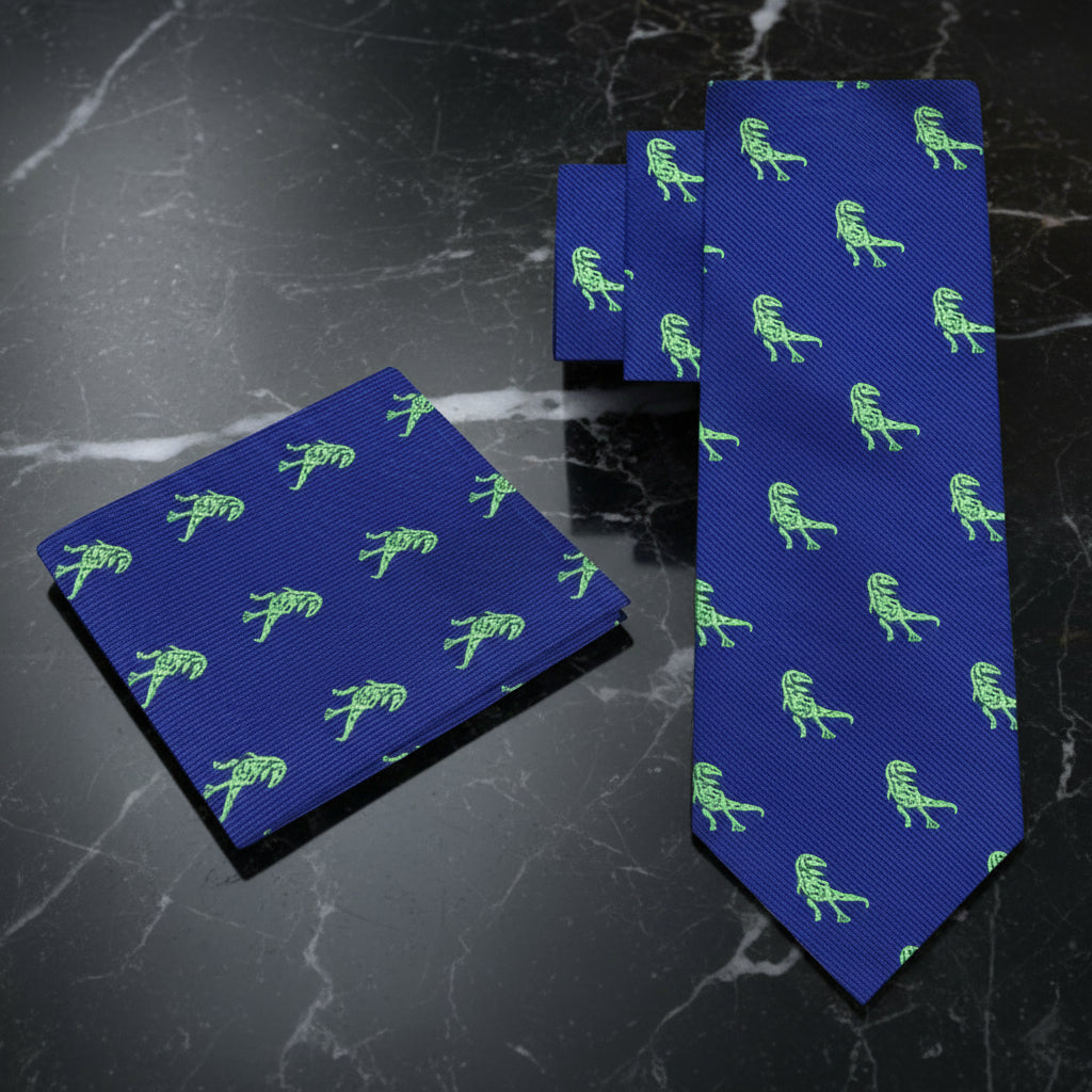Blue, Green T Rex Tie and Pocket Square