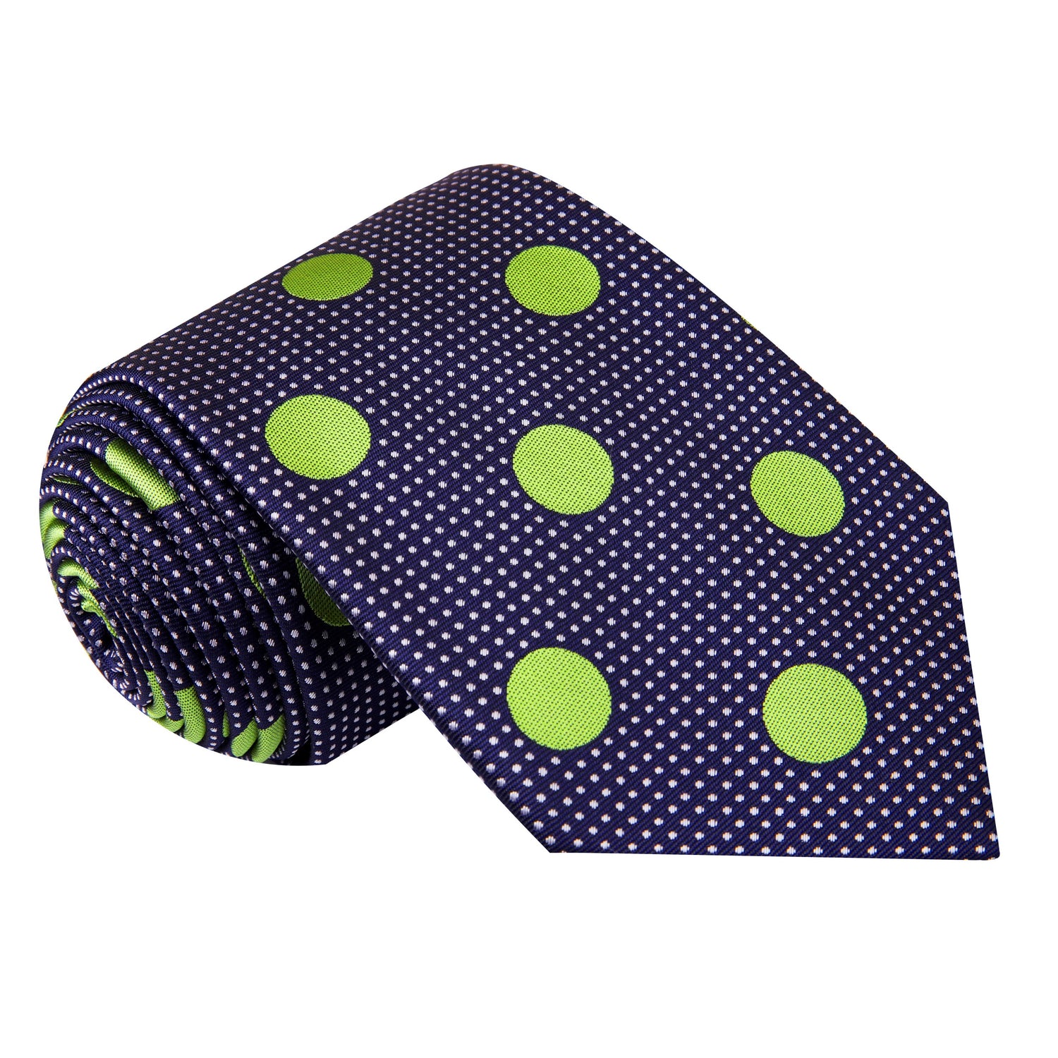 A Dark Blue, Green Dots Pattern Silk Necktie