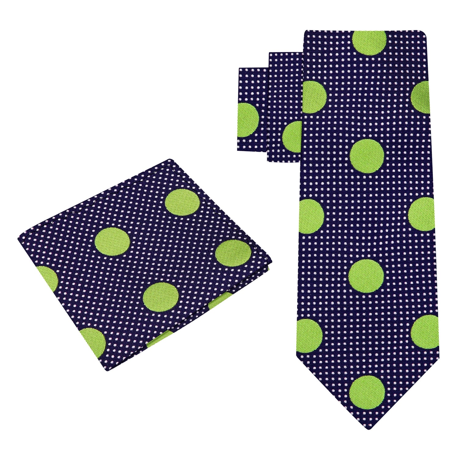 Alt View: A Dark Blue, Green Dots Pattern Silk Necktie, Matching Pocket Square,