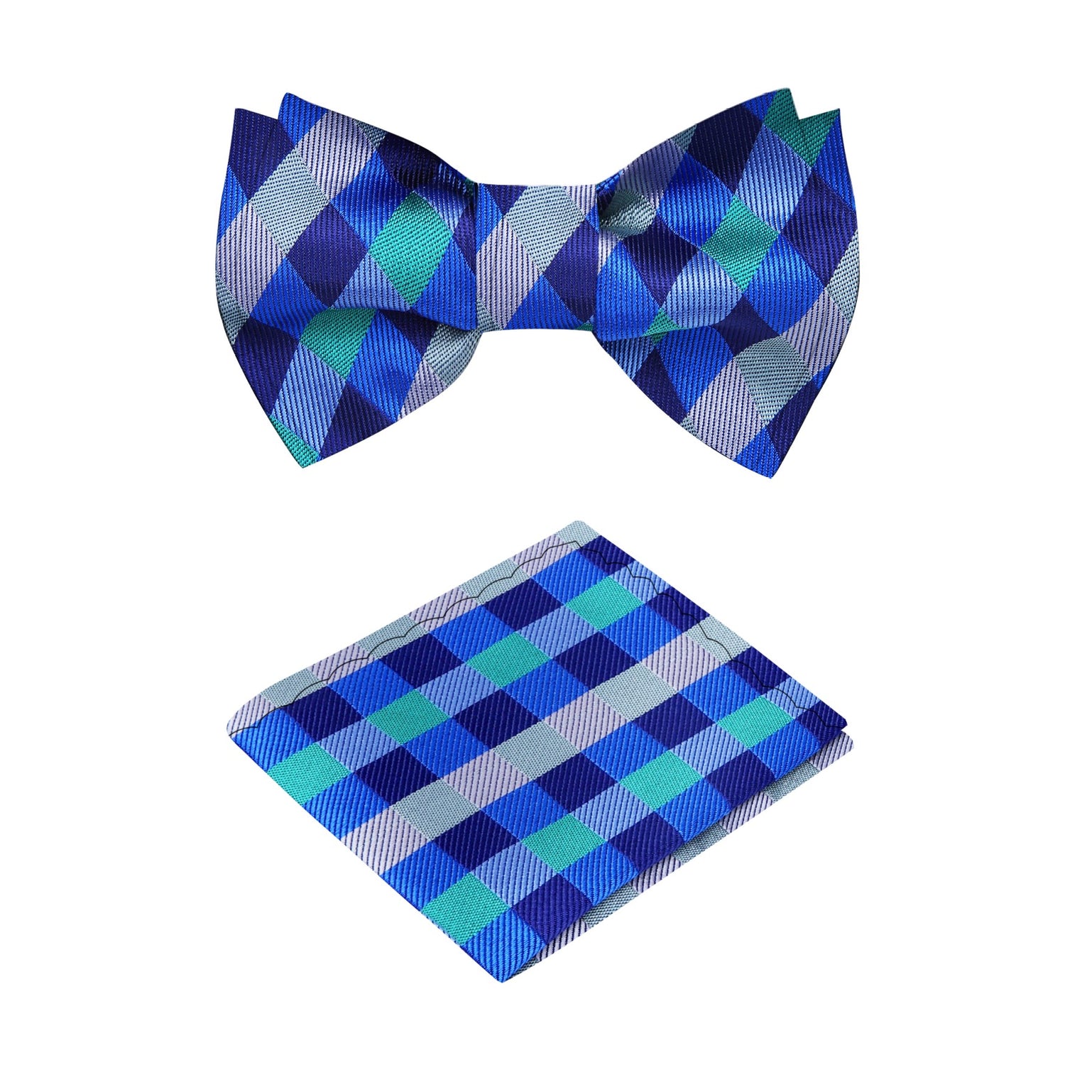 A Green, Dark Green, Grey Geometric Check Pattern Silk Self Tie Bow Tie, Matching Pocket Square,