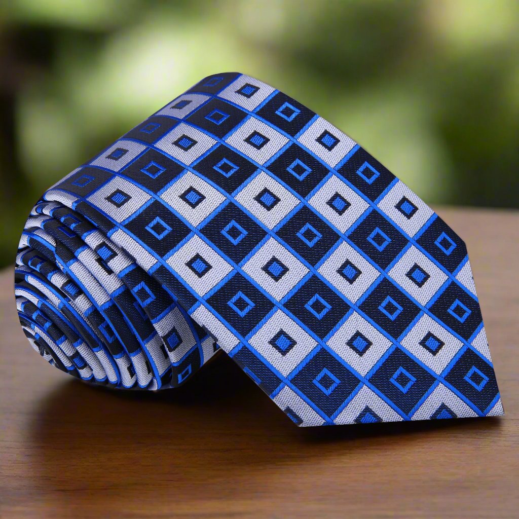 Blue and Grey Big Blocks Silk Necktie 