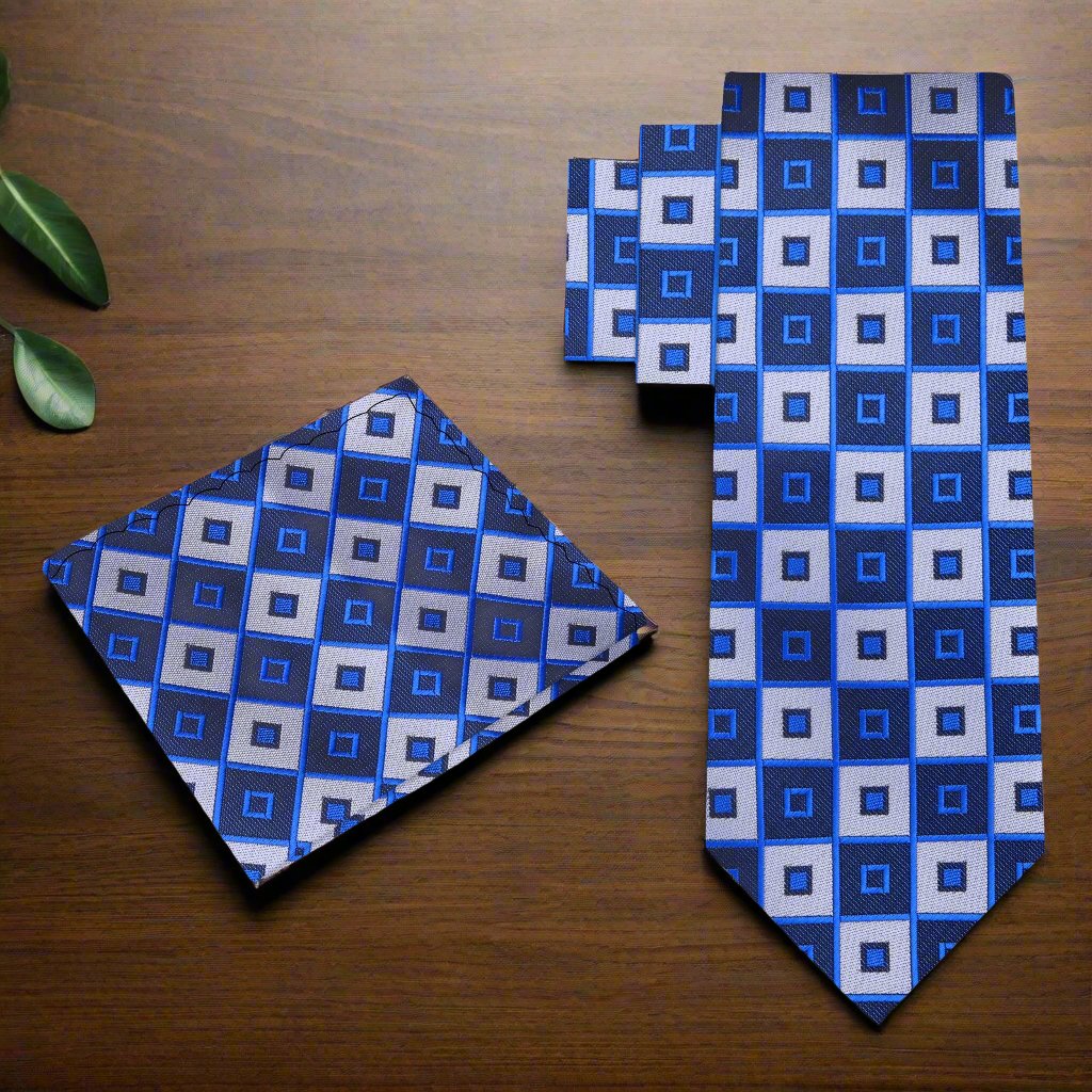 Alt View: Blue and Grey Big Blocks Silk Necktie and Pocket Square