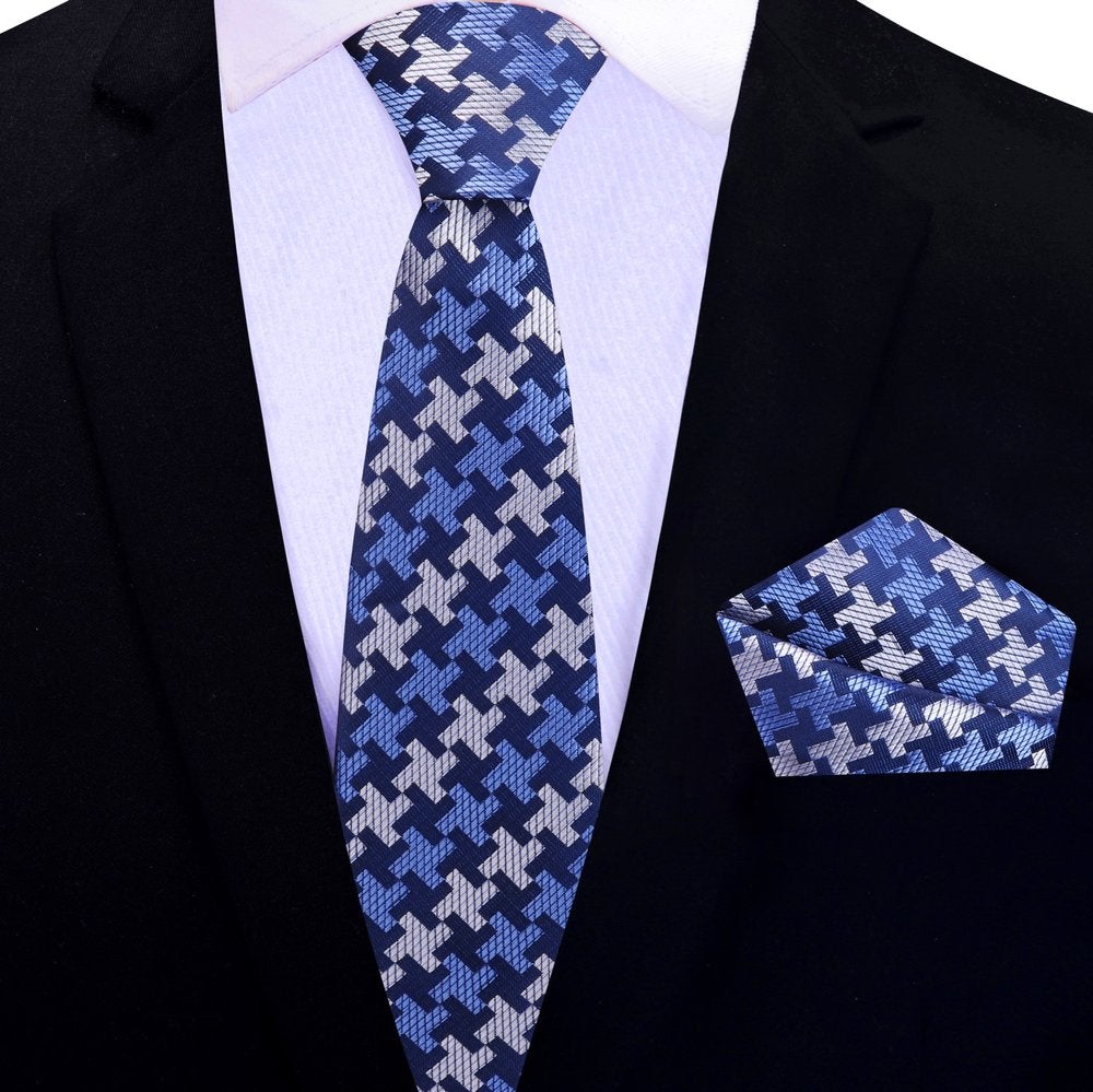 Blue, Grey Hounds Tooth Thin Tie and Pocket Square