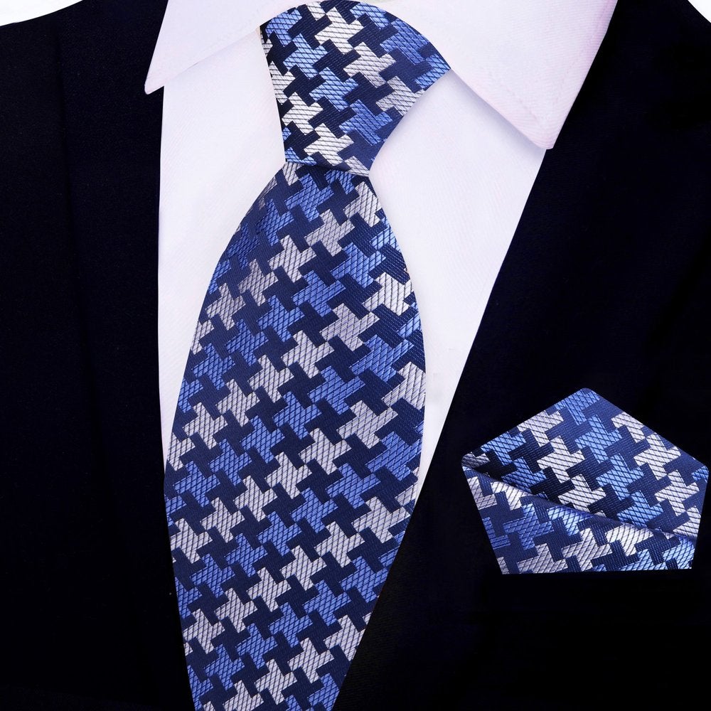 Blue, Grey Hounds Tooth Tie and Pocket Square