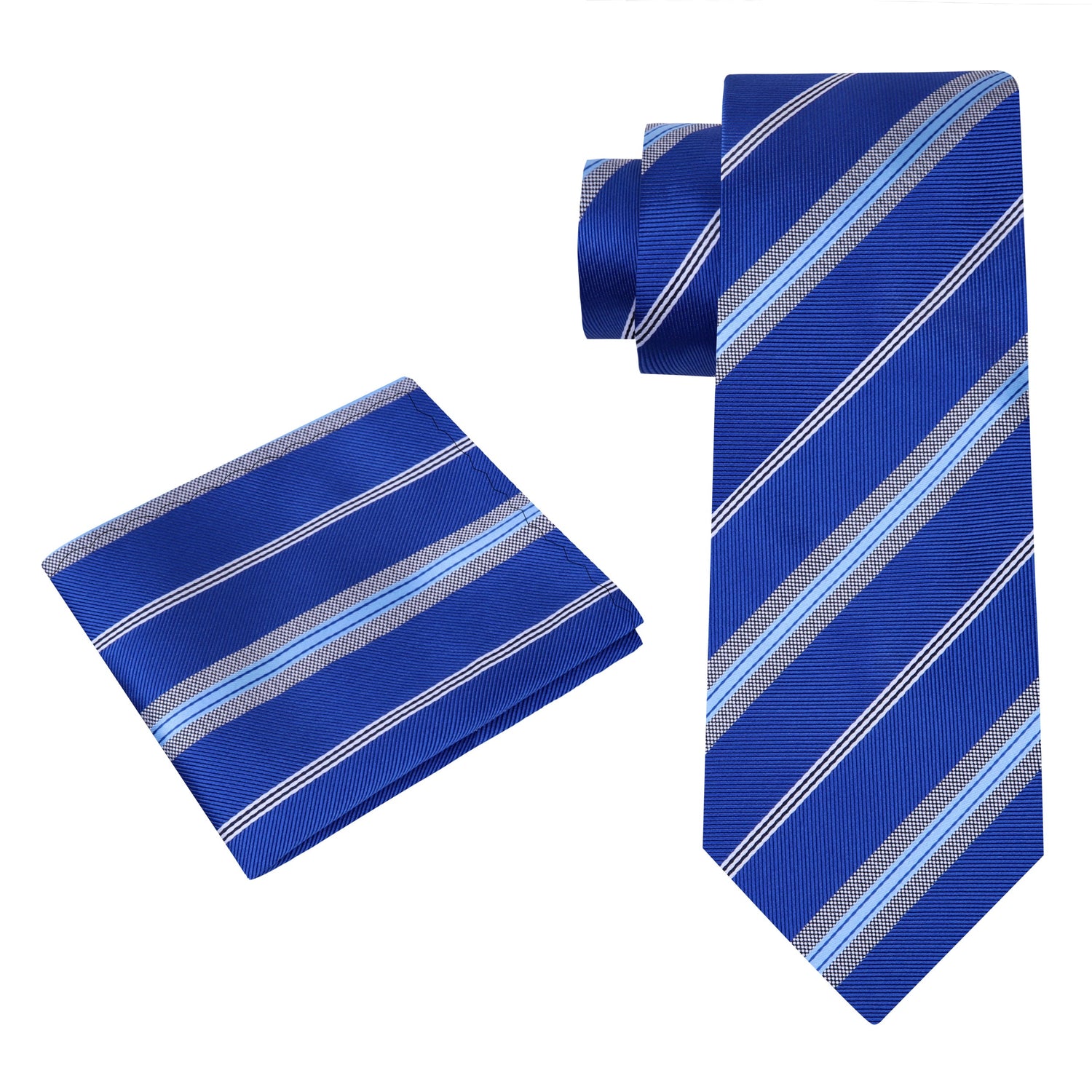 Alt View: A Blue, Grey, White Stripe Pattern Silk Necktie, With Matching Pocket Square