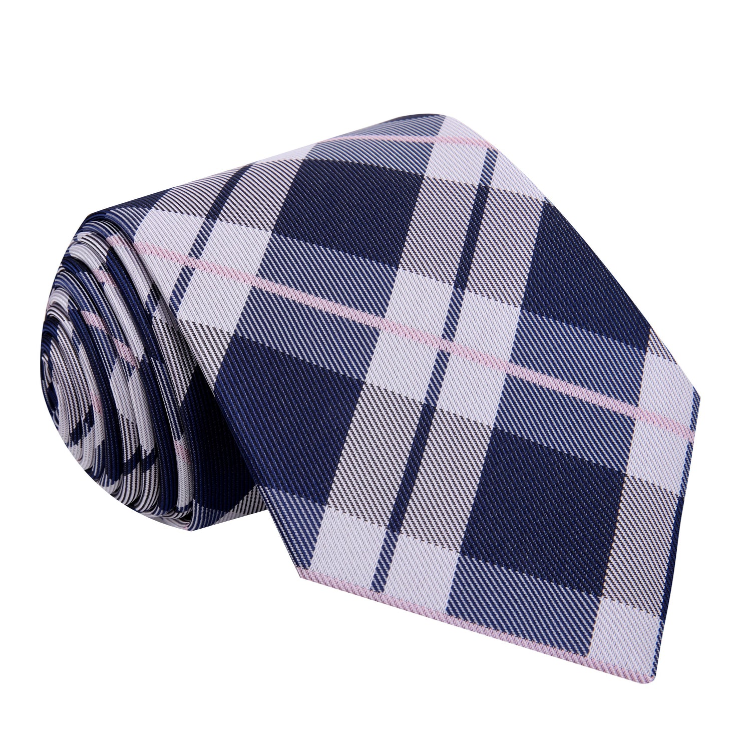 A Navy Blue, Grey, Salmon Plaid Pattern Silk Necktie 