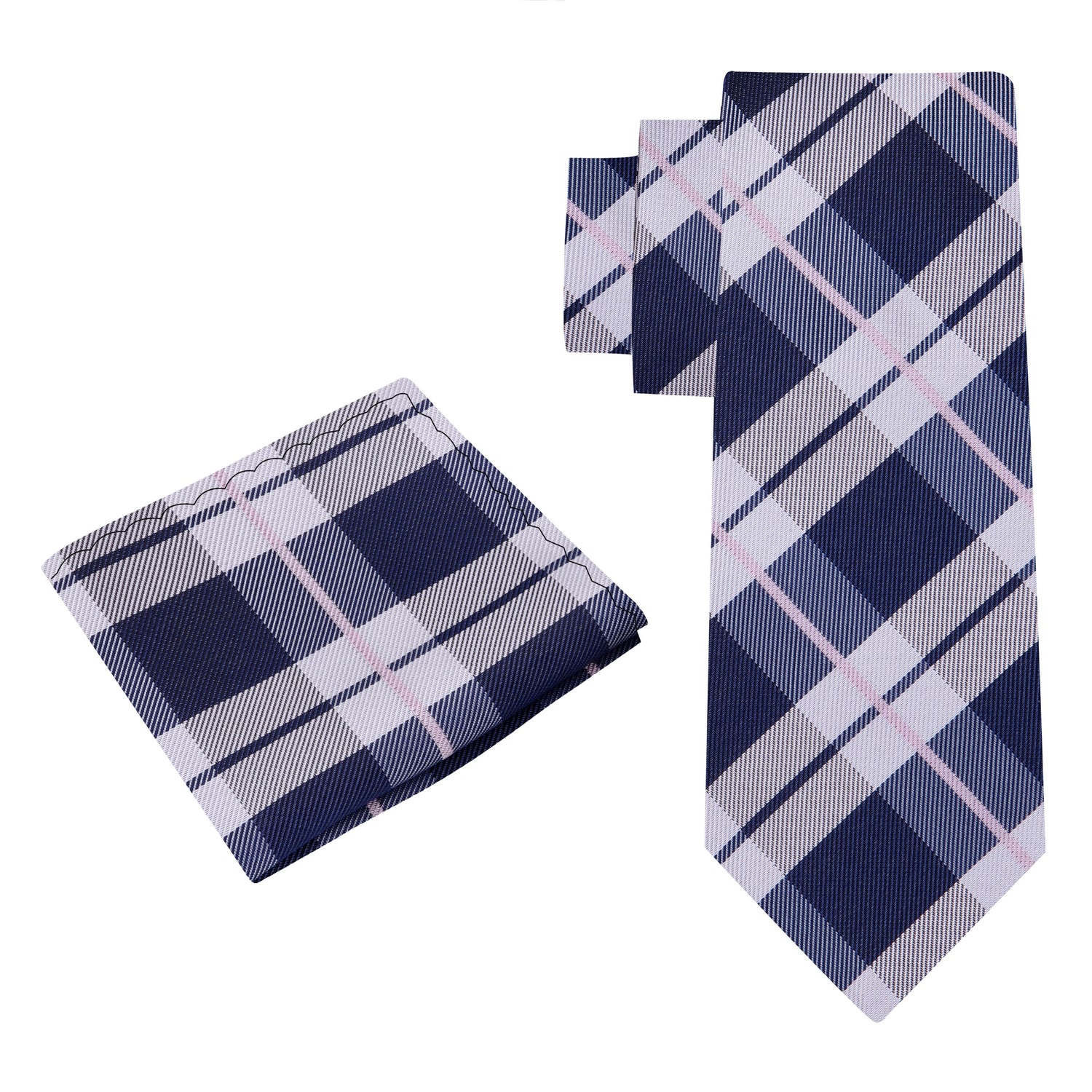 Alt view: A Navy Blue, Grey, Salmon Plaid Pattern Silk Necktie, With Matching Pocket Square