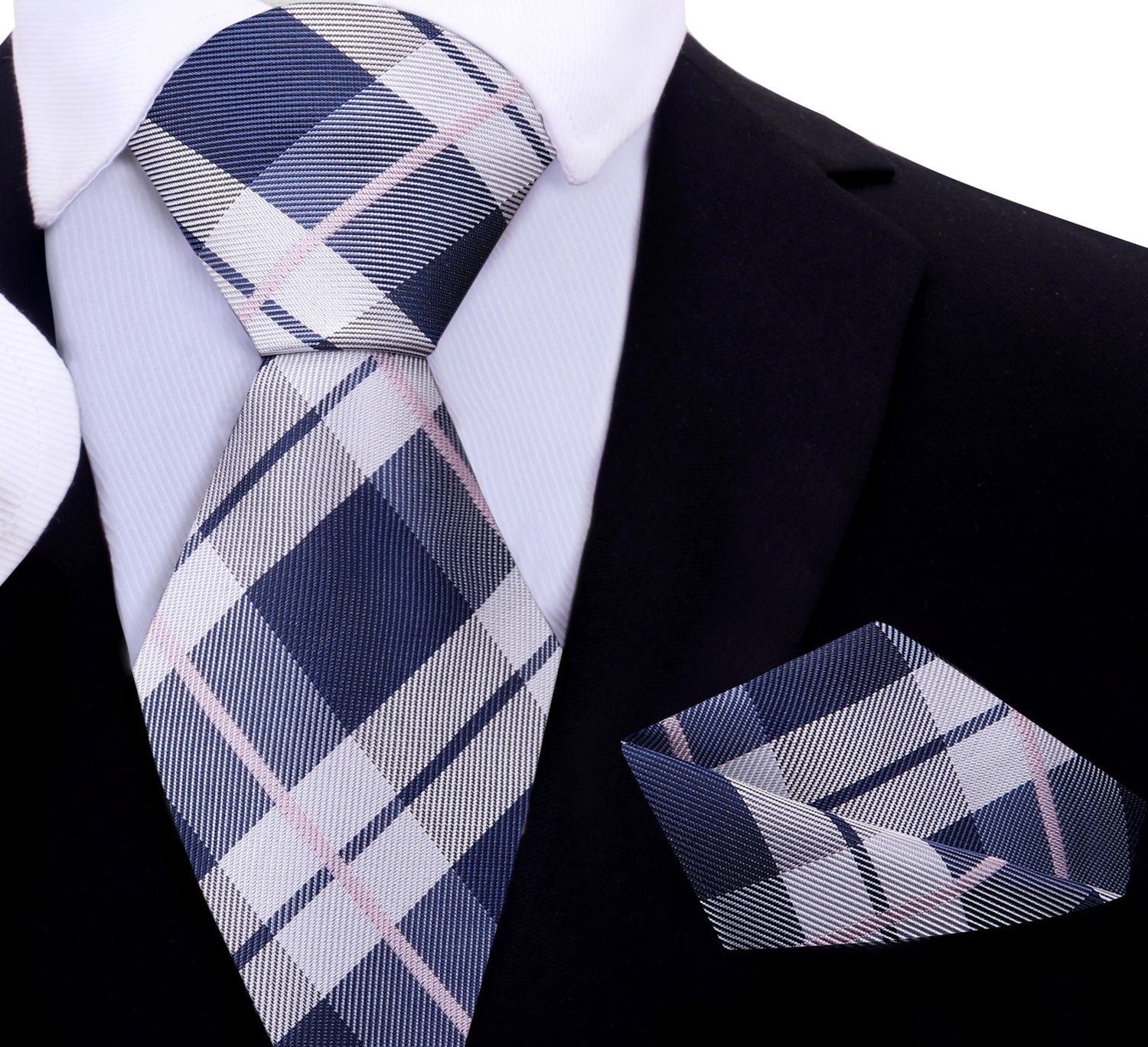 A Navy Blue, Grey, Salmon Plaid Pattern Silk Necktie, With Matching Pocket Square