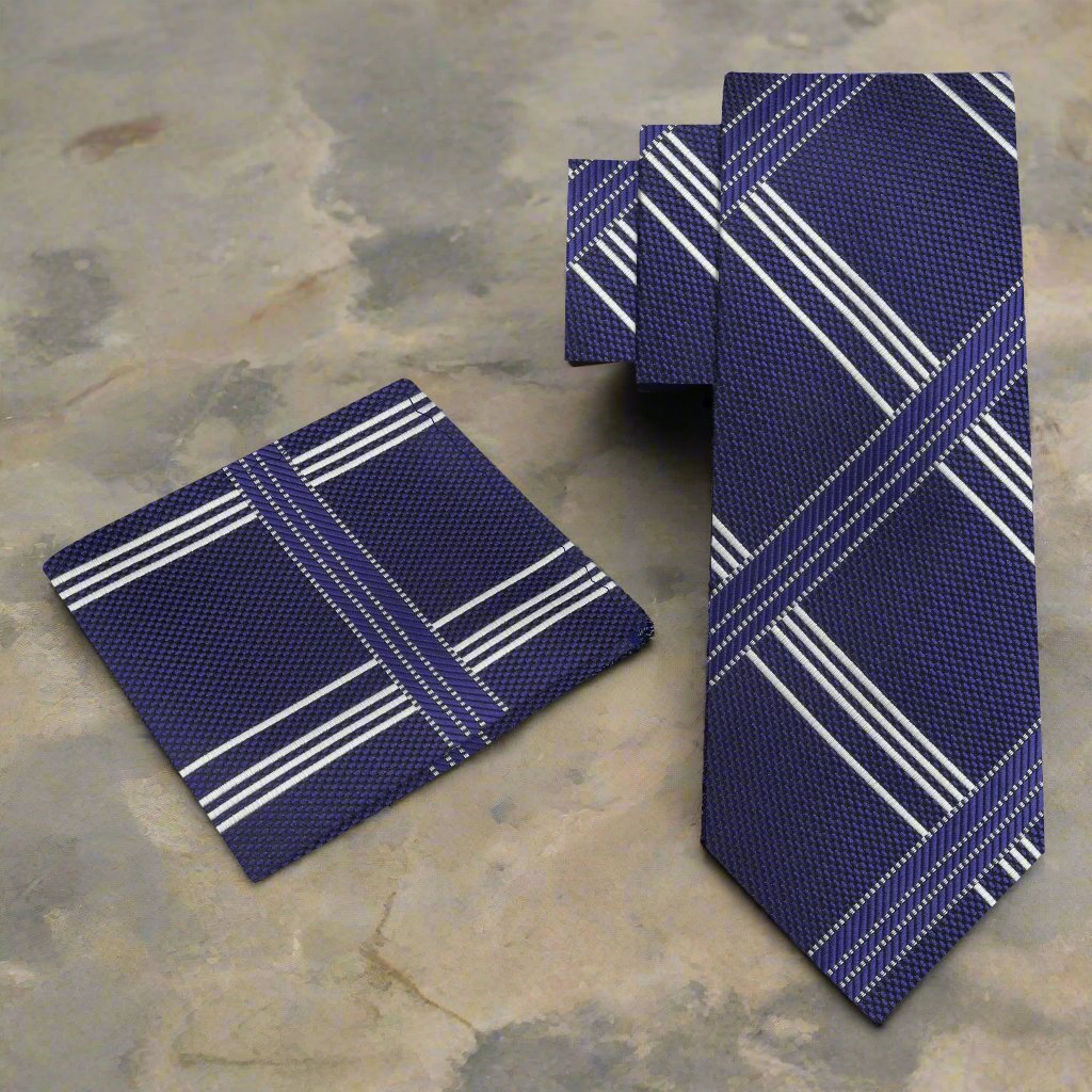 Alt View: Deep Blue Grey Intersecting Lines Tie and Pocket Square