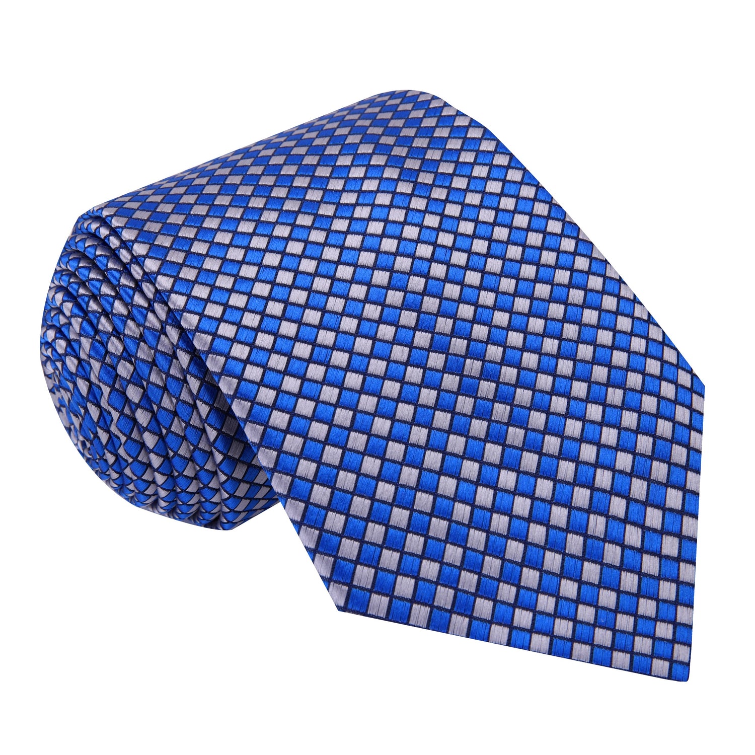 A Blue, Grey Check Pattern Silk Necktie 