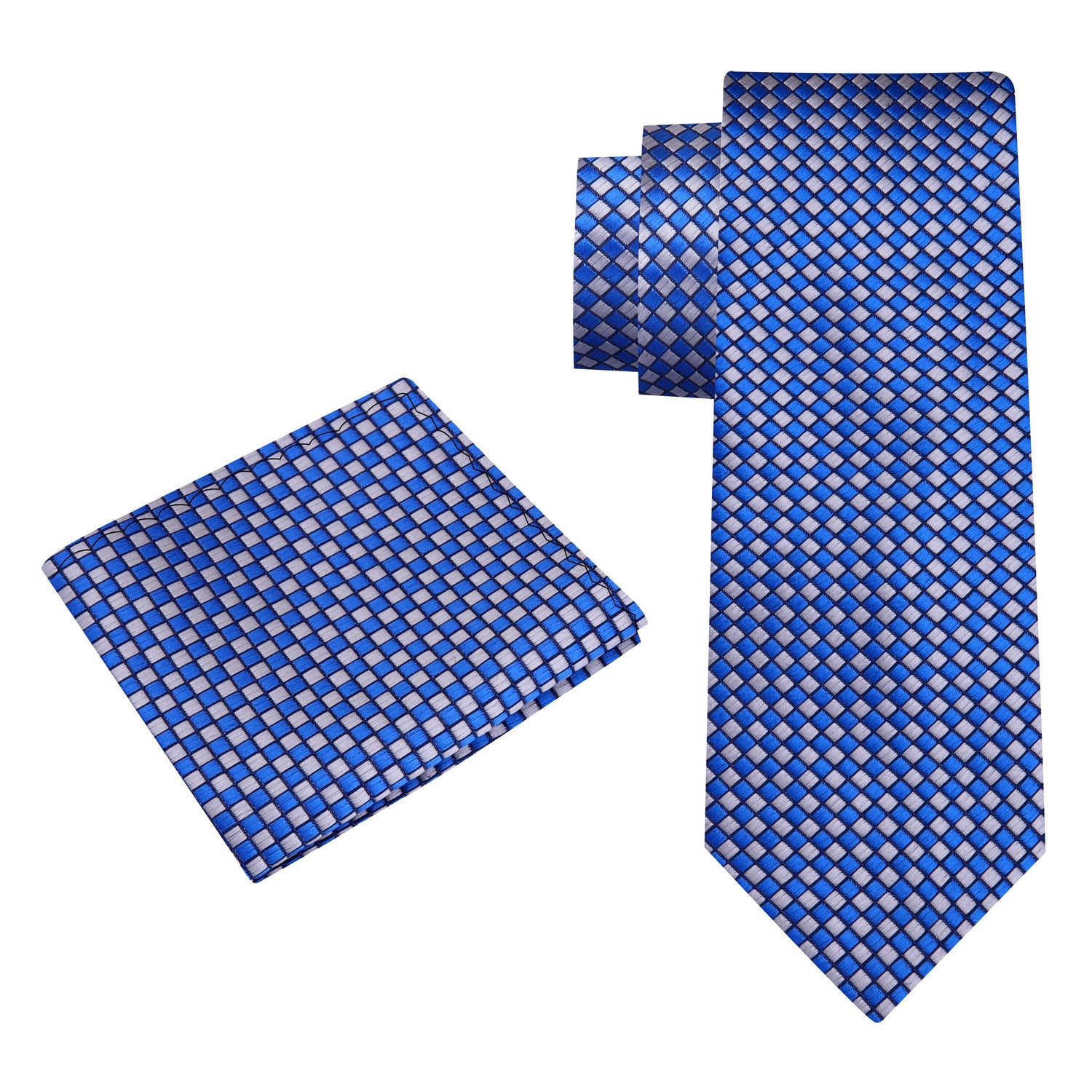 Alt View: A Blue, Grey Check Pattern Silk Necktie, Matching Pocket Square