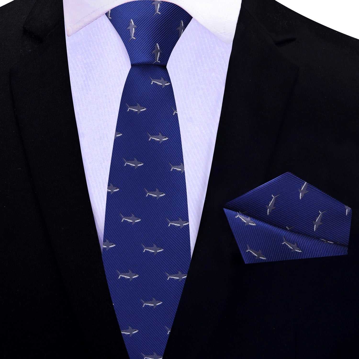 Deep Blue, Grey, White Great White Shark Thin Tie and Pocket Square