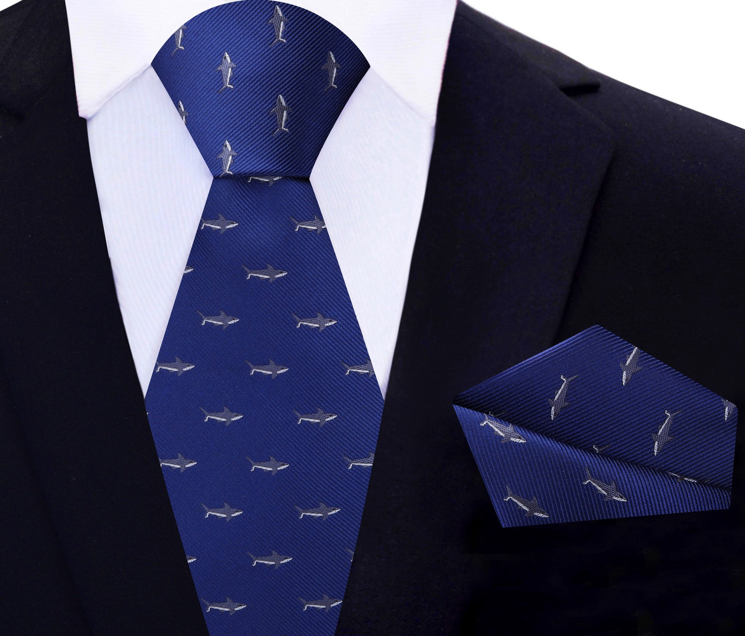 Deep Blue, Grey, White Great White Shark Tie and Pocket Square