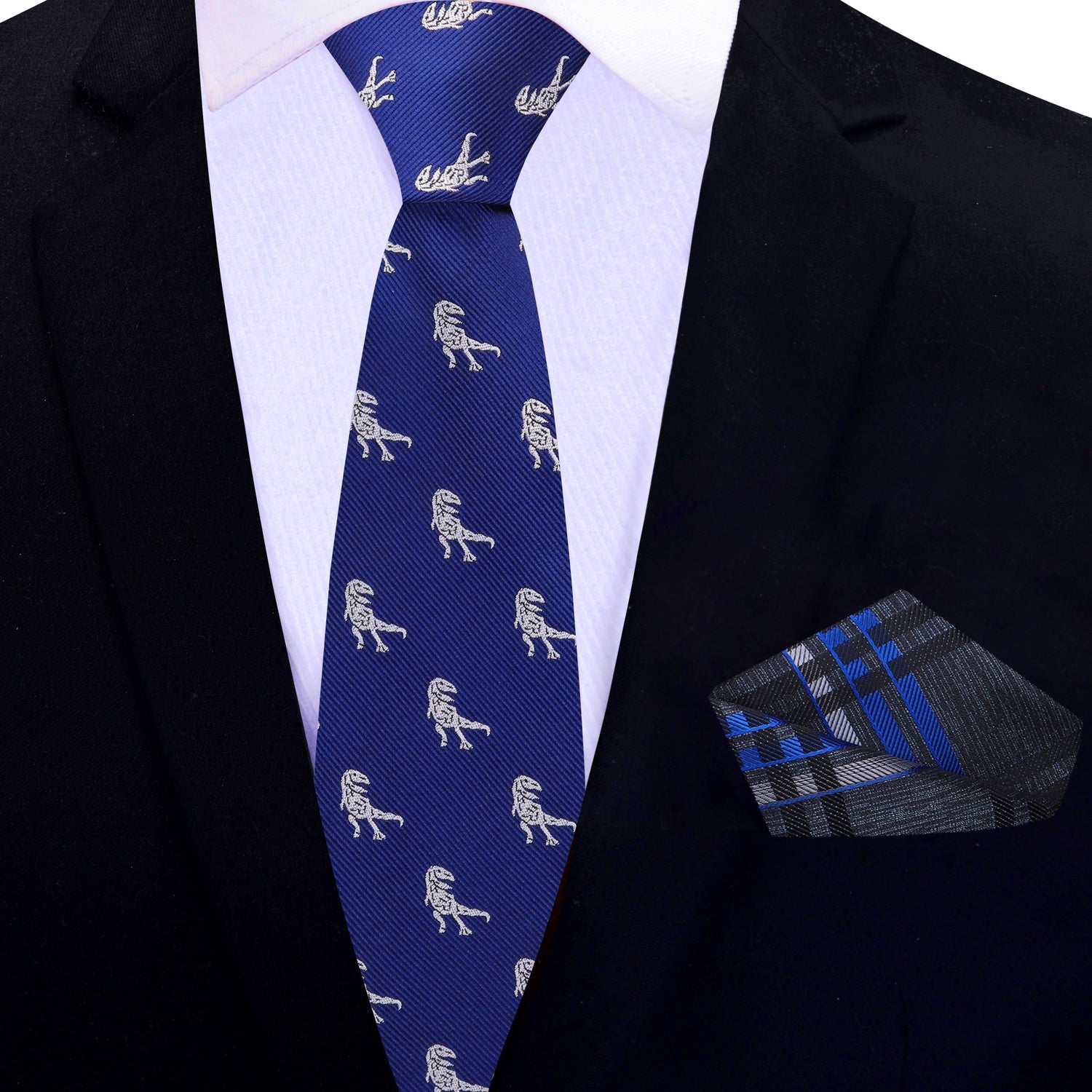 Thin Tie: Blue, Grey T-Rex Silk Necktie and Accenting Pocket Square
