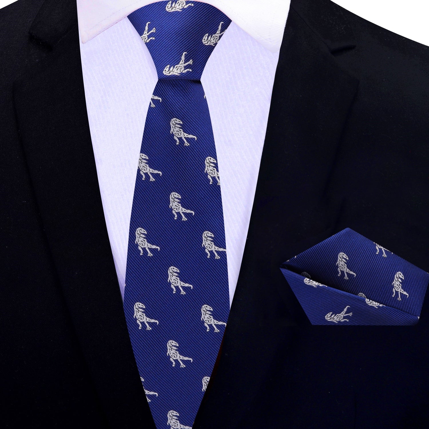 Thin Tie: Blue, Grey T-Rex Silk Necktie and Matching Pocket Square
