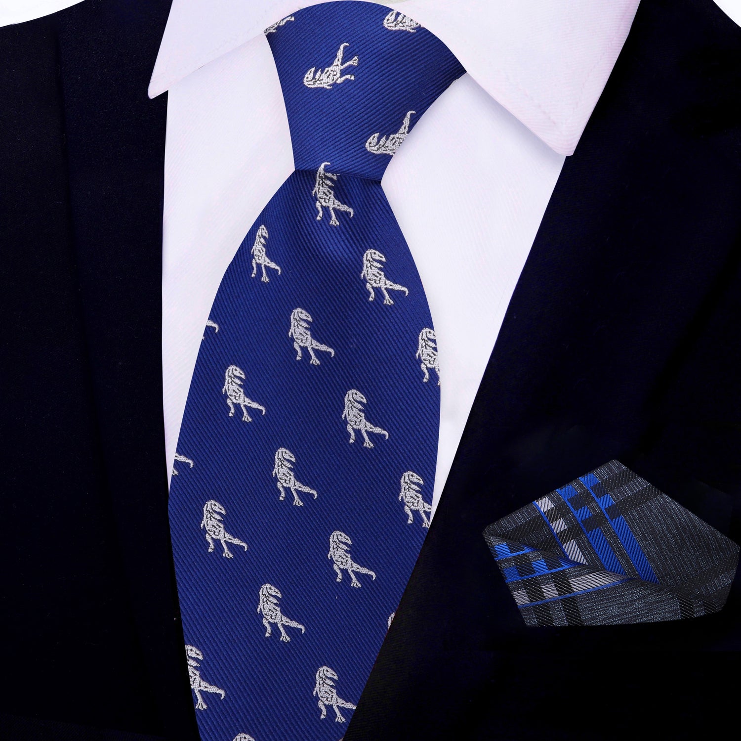 View 2: Blue, Grey T-Rex Silk Necktie and Accenting Pocket Square