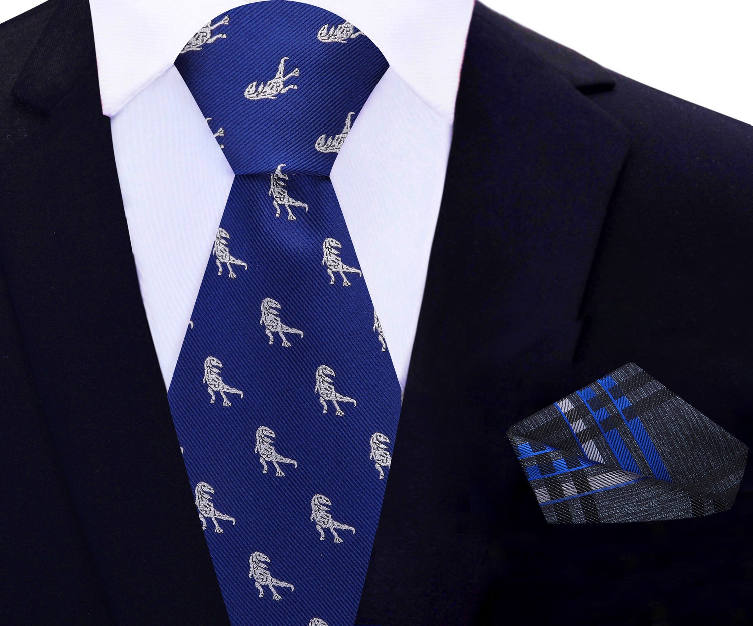Blue, Grey T-Rex Silk Necktie and Accenting Pocket Square