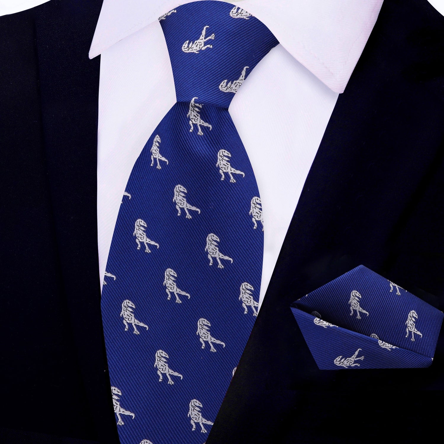 Blue, Grey T-Rex Silk Necktie and Matching Pocket Square